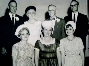 Years later, at a family wedding: (front row, l to r) Wanda, Mary Elizabeth, Ruth LaVonne; (back row) Sam, Grandma, Grandad Smith, Ira.
