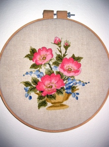 Mom's Wild Roses stitchery framed in a 36" hoop (circa 1968)(all photos by Marylin Warner)