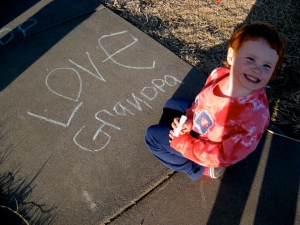 Mary's great-grand-daughter has her own writing style...sidewalk chalk. 