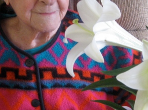 Mom's nose at 93, smelling an Easter lily...and remembering how she used to take lilies to shut-ins at Easter.